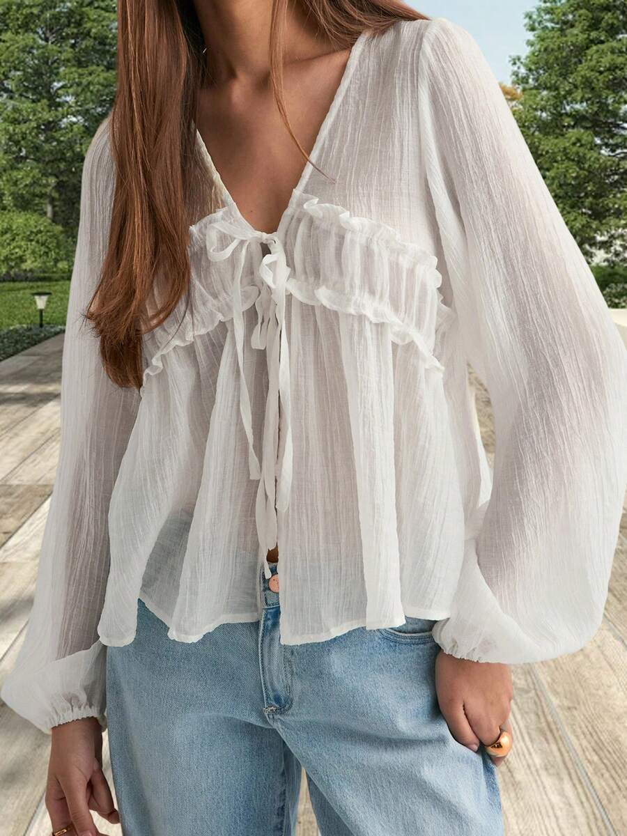 Womens Tie-Up Front Tops Long Sleeve V Neck Loose Fit Ruffle Shirts Spring Crincle Blouses - White - View 1