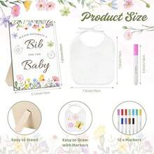 D33Pcs Baby Shower Games Bib Decorations Set With 20 White Bibs 12 Color Fabric Markers And 1 Wooden Wildflower Game Sign DIY Baby Shower Activity Kit For Gender Reveal Party Decor Plies10 - 如圖 - 查看 3