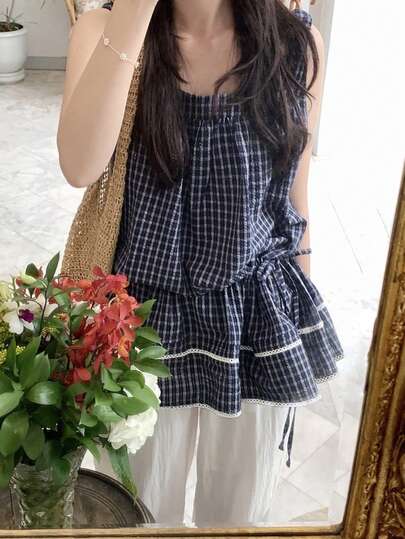 2025春秋复古百搭可调节腰围格子上衣