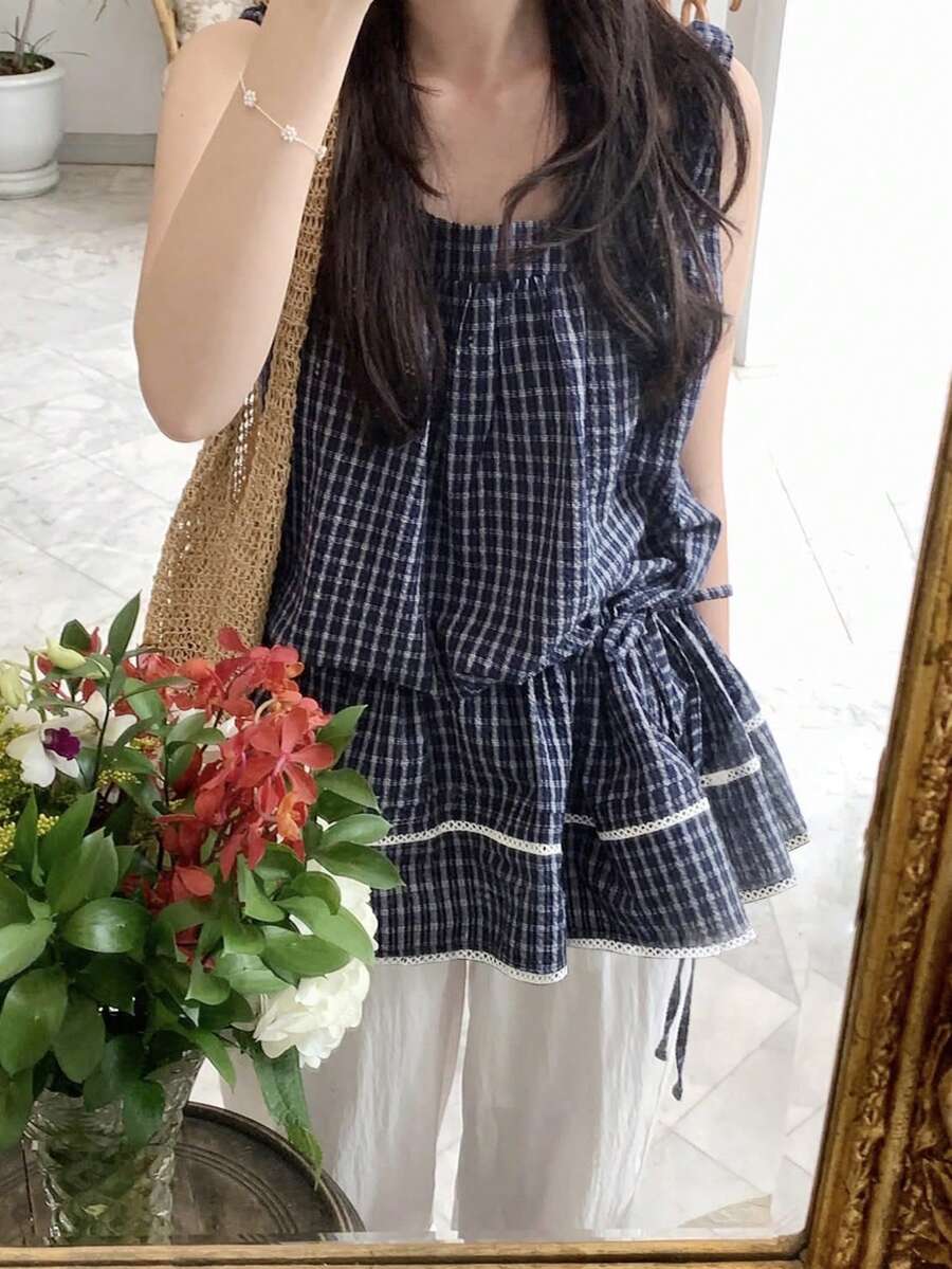 2025 Spring/Autumn Retro Versatile Adjustable Waist Plaid Top - Blue - View 1