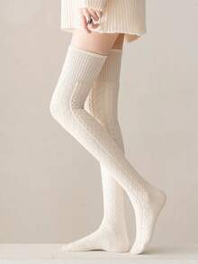 1 Pair Of Women's Knee-High Socks, Knitted Striped Warm Socks