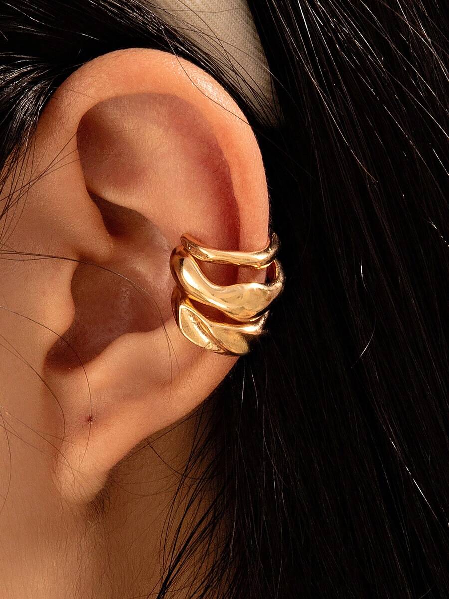 3 Gaya Anting Jepit Telinga Asimetris Geometris, Anting Minimalis Kelas Atas, Anting Tusuk dan Jepit Tulang Rawan - 3 barang emas - View 1