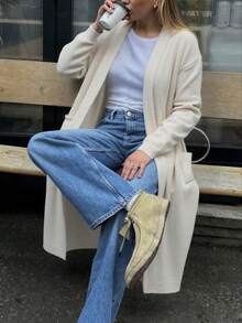 1 pieza Cárdigan de punto de unicolor para mujer con un bolsillo, manga larga, adecuado para citas por la noche, vacaciones, uso diario, fiestas de cumpleaños, viajes, té, aeropuerto, regreso a clases, otoño/invierno