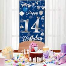 D14th Birthday Decorations For Boys Girls Happy 14th Birthday Banner Large Size Blue Silver Birthday Backdrop Banner For 14 Years Old Anniversary Birthday Party Photo Prop Booth Background Deco10 - 藍色 - 查看 3