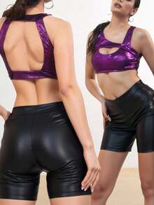 Short efecto cuero para dama pretina elástica ajuste firme corte biker semi entallada sintética atrevido moderno urbano - Negro - Ver 2