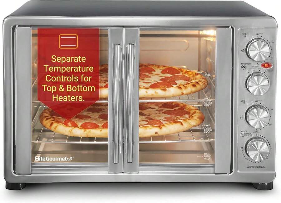 Elite Gourmet ETO-4510M Puerta francesa de 47.5 cuartos de galón, horno de convección de 18 rebans, 4 perillas de control, tostado para hornear asado para mantener el calor, incluye 2 estantes para - Acero inoxidable y negro - Ver 1