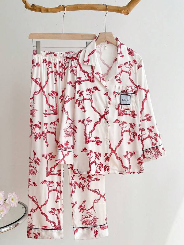 2 pezzi Pigiama da donna in seta di ghiaccio con stampa a pittura ad inchiostro, set semplice con top a maniche lunghe con colletto e pantaloni, set da due pezzi, abbigliamento autunnale