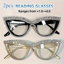 2 Pairs Of Women's Cat Eye Blue Light Blocking Reading Glasses, Diamond-Encrusted PC Frame - Non-Prescription Magnifying Glasses With Blue Light Filter Suitable For Computers, Tablets, Smartphones, Kindles - Ideal Gift For Book Lovers, Suitable For Home Office And Party Wear (Black And Transparent, Compatible With Progressive Lenses) - Fashionable And Practical Daily Women's Glasses, Perfect Luxurious Gift For Girlfriend/Mom On Holidays - Black+Champagne - View 7