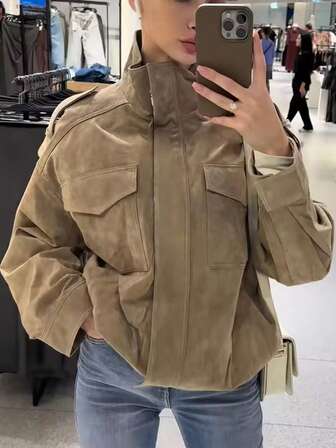 Women's Zip-Up Loose Jacket, New Fashion High Collar Long Sleeve Pocket Decorated Zipper Streetwear Coat