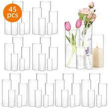 Tomnk 15/30/45 Pcs Clear Glass Cylinder Vases Set, 5 Sizes Tall Hurricane Candle Holders, Floating Candle Vase For Wedding Centerpieces, Party, Home Table Shelf Decor, Glass Flower Vase For Farmhouse, Church, Dinner Party, Floating Candles, Mother's Day Decor, Ideal Mother's Day Gift - 無色 - 查看 9