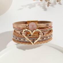 Leather Rope Bracelet Bohemian Multi-Layer Bracelet Raw Stone Heart Bracelet Women's Wrapped Leather Bracelet - Rượu sâm banh - Xem 1