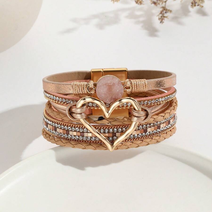 Leather Rope Bracelet Bohemian Multi-Layer Bracelet Raw Stone Heart Bracelet Women's Wrapped Leather Bracelet - Rượu sâm banh - Xem 1