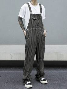 Men's Casual Striped Loose Fit Straight Leg Denim Bib Overalls, All Season