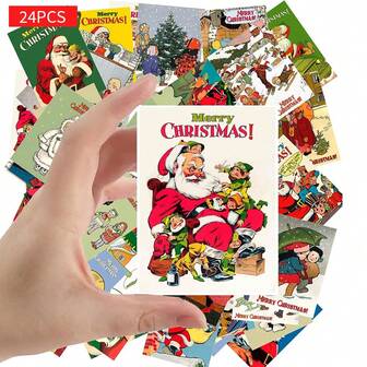 24pcs Vintage Christmas Postcards, Cartoon Santa Visiting Kids On Christmas Retro Postcards, Classic Illustrations, Collectible Decorative Painting Cards For Scrapbooking & Crafting