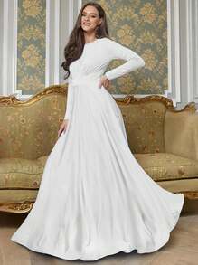 KOH KOH Women's Long Sleeve Flowy Elegant Empire Waist Modest Bridesmaid Semi Formal Maxi Dress Gown Petite And Plus Size Mother Of The Bride Or Groom Floor Full Length Sleeves Maternity Baby Shower Bridal Black Tie Gala Evening Cocktail Party Curve Curvy Warm Comfortable Comfy Soft Stretch Stretchy A-Line Work Office Meeting Workwear Special Occasion Dressy Frock Spring Summer Fall Graduation Homecoming Engagement Sunday Church Choir Baptism Funeral V-Neck Vacation Holiday Travel Islamic Abaya Muslim Moroccan Flattering Slimming Classy Classic Stylish Simple Solid Photoshoot Outfit For Tall Girls And Women - Màu trắng ngà - Xem 1