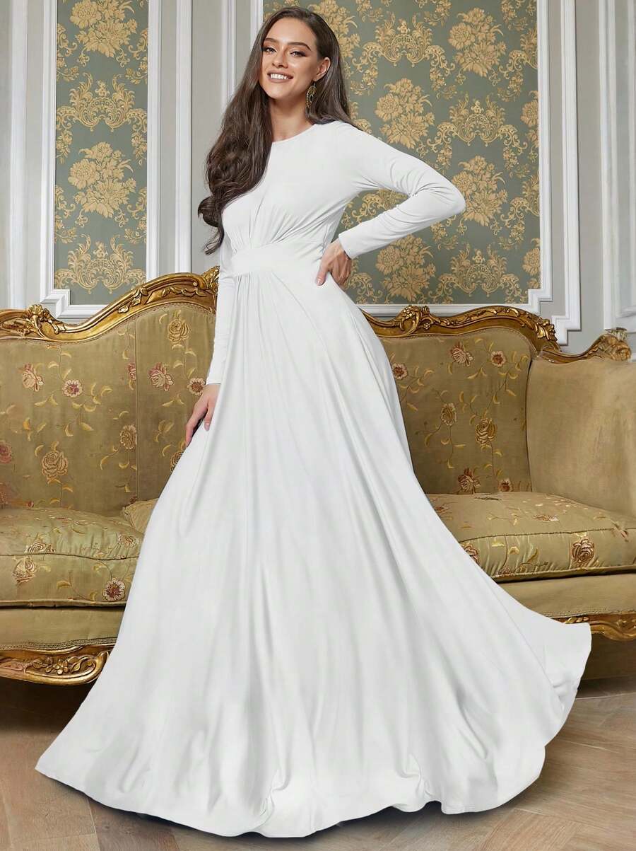 KOH KOH Women's Long Sleeve Flowy Elegant Empire Waist Modest Bridesmaid Semi Formal Maxi Dress Gown Petite And Plus Size Mother Of The Bride Or Groom Floor Full Length Sleeves Maternity Baby Shower Bridal Black Tie Gala Evening Cocktail Party Curve Curvy Warm Comfortable Comfy Soft Stretch Stretchy A-Line Work Office Meeting Workwear Special Occasion Dressy Frock Spring Summer Fall Graduation Homecoming Engagement Sunday Church Choir Baptism Funeral V-Neck Vacation Holiday Travel Islamic Abaya Muslim Moroccan Flattering Slimming Classy Classic Stylish Simple Solid Photoshoot Outfit For Tall Girls And Women - Màu trắng ngà - Xem 1