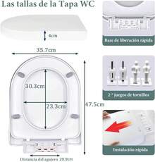 Asiento para Inodoro de Cierre Lento y Silencioso, Asiento para WC Universal PP Tapa de Inodoro Redondo Económico para Retrete Toilet Seat Residencial Acolchado de Sanitario para Baño 36 * 46cm - 1 - Ver 7