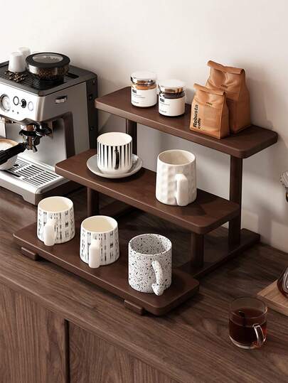 Bureauplank in walnootkleur - Stijlvol displayrek met meerdere niveaus, ideaal voor mokken, parfums, lippenstiften en cosmetica. Voorzien van een parfumstandaard, bekerhouder en versterkte, verdikte trapeziumvormige structuur. Perfect voor keukens, woonkamers, badkamers, slaapkamers en woonaccessoires.