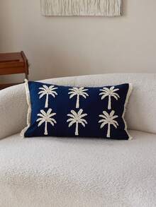 1pc Blue Embroidered Coconut Tree Decorative Throw Pillow Cover, Suitable For Indoor Decor, All Season, Pillow Insert Not Included