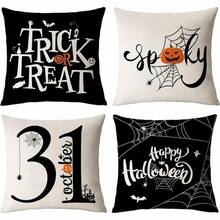 Juego de 4 Fundas de Almohada para Halloween, 45 x 45 cm funda de cojín de lino para sofá, diseño de Calabaza decoración de Halloween, Adecuado para sofá,hogar, automóvil, interior (Estilo 1) - Estilo 5 - Ver 8