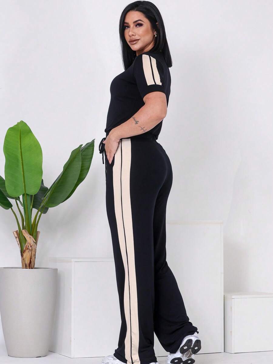 Women's Casual Set, Pants, Top With Side Stripe, Elegant Color Block, Casual, Elegant, Side Stripe, Pocket, Button, Beach, Evening, Holiday - 黑色 - 查看 1