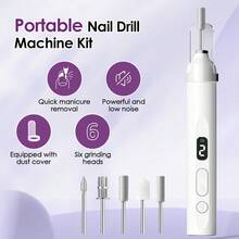 Cordless Electric Nail Drill With UV Lamp USB Rechargeable Manicure Pedicure Set With 6 Grinding Heads LED Lighted Electric Nail Polishing Machine Kit Nail Grinder Polisher Drill Bits For Epoxy Resin Gel Nails Curing Polishing Drilling Battery Capacity 180mAH - 白色 - 查看 3