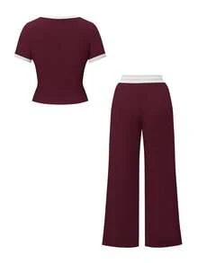 女士夏季休闲修身针织两件套，优雅女士套装，适合运动、健身、派对等场合，包含塑形短袖上衣和直筒裤。 - 酒紅色 - 查看 4