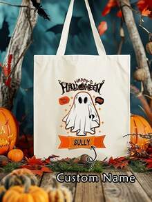 Geantă de Halloween personalizată - Geantă de pânză cu nume personalizat "Trick Or Treat", cu modele de dovleac, liliac și pânză de păianjen - Cadou de Halloween durabil pentru adolescenți, potrivită pentru petreceri costumate și "Trick Or Treat", Geantă de Halloween personalizată pentru adolescenți.