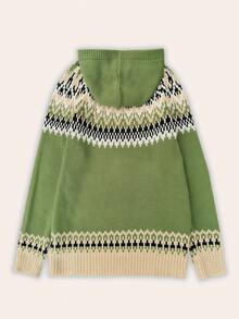 Vintage Fair Isle Colorblock Jacquard Crew Neck Pullover Sweater For Women, Autumn/Winter - Olive Green - View 2