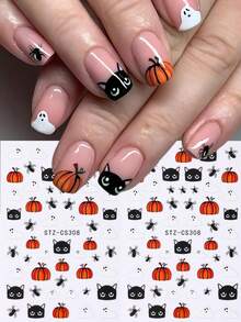 Halloween Nail Stickers Cute Ghost Pumpkin Self Adhesive Nail Decals Spooky Mushroom Ghost Flower Nail Art Design Black Cats Spider Bats French Manicure Supplies For Women DIY Nail Charms Decorations