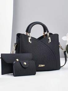 Bộ 3 túi Tote phong cách cổ điển thanh lịch, túi đeo chéo đa năng dung tích lớn, thiết kế thời trang, túi xách vuông nhỏ thời trang mới cho nữ, túi đeo chéo đa năng dung tích lớn, thích hợp cho du lịch, mua sắm, túi xách đeo chéo thời trang mới cho nữ, màu sắc phù hợp, túi đeo chéo vai sang trọng dung tích lớn, thường ngày - màu đen - Xem 8