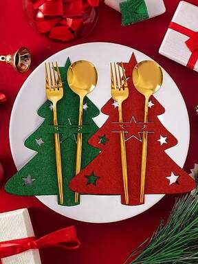 12 pezzi Sacchetti portaposate a forma di albero di Natale, porta posate, porta posate in feltro a forma di albero di Natale, copri coltello e forchetta per decorazione tavola per feste e cene natalizie