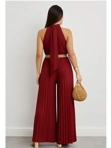 Pleated Jumpsuit Perfect For Parties And Weddings - 酒紅色 - 查看 2