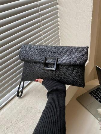 女士纯色 PU 皮革手拿包，时尚信封设计钱包，带金属圆形扣，复古大容量方形手机零钱包，适合日常使用，优雅商务宴会包，适合派对、舞会、婚礼、正式活动