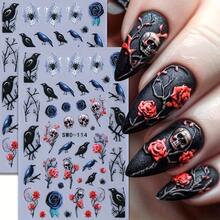 2pcs Halloween-Themed Nail Stickers With Skulls, Roses, Birds & Spiders - Self-Adhesive, Glossy Finish, Single Use, Perfect For Scary Season Manicures, Halloween Nail Art | Skull & Rose Design | Glossy Finish Stickers, Halloween Nail Stickers - 彩色 - 查看 4