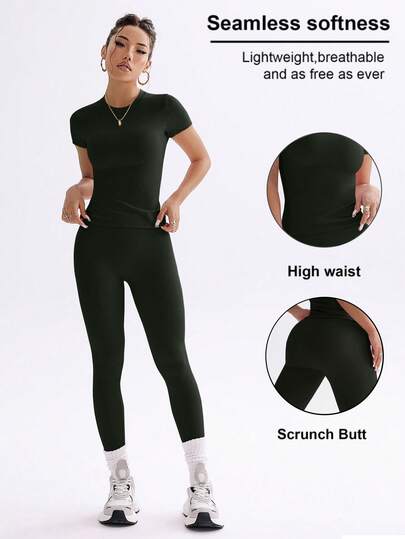 FWH Youthful Campus Fitness Cute Solid Color Top, Spring-Summer Stretchy Fitted Round Neck Sweet Fashion Versatile Outerwear Elegant High-Waisted Tight Casual Tummy Control Everyday Basic Dance Leg-Lengthening Butt-Lifting Street Running Yoga Two Pieces Set