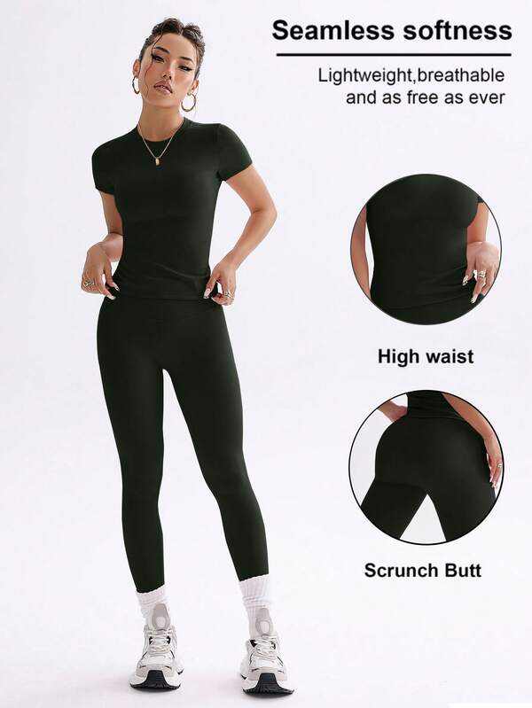 FWH Youthful Campus Fitness Cute Solid Color Top, Spring-Summer Stretchy Fitted Round Neck Sweet Fashion Versatile Outerwear Elegant High-Waisted Tight Casual Tummy Control Everyday Basic Dance Leg-Lengthening Butt-Lifting Street Running Yoga Two Pieces Set