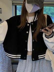 Chaqueta corta de béisbol de manga larga con botones simples para mujer, nueva chaqueta de estudiante estadounidense holgada con color bloque. - Negro - Ver 9
