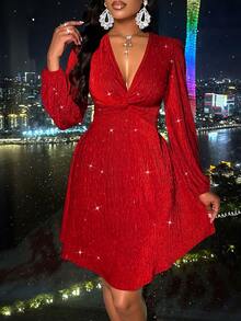 AIJ Amarilo Women's Sexy Deep V-Neck Twist Front Lantern Sleeve Sequin Velvet Dress, Perfect For Parties