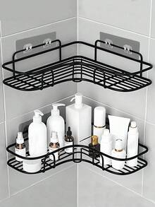 1 pieza Estantería de baño, estantería de almacenamiento triangular sin costuras para baño y cocina, estantería de almacenamiento de baño sin perforación, estantería de ducha de esquina de hierro fundido, diseño de malla de acero inoxidable negro, fácil de acceder y organizar, adecuado para almacenar champú, acondicionador y jabón, decoración moderna de baño, organización y almacenamiento de baño, accesorios de baño