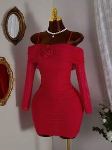 Vestido curto vermelho sexy feminino, ombro de fora, justo, com mangas longas de malha, bainha franzida e enfeite de rosa 3D – traje elegante para festa, encontro, baile de formatura, dia dos namorados