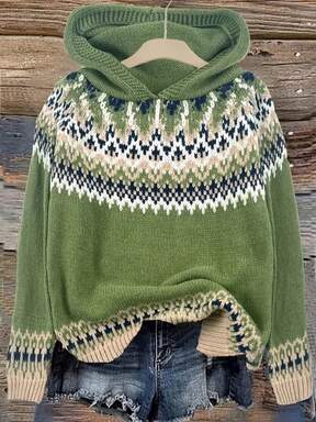 Vintage Fair Isle Colorblock Jacquard Crew Neck Pullover Sweater For Women, Autumn/Winter