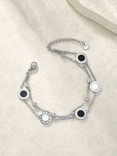 日韩罗马数字黑白贝壳装饰双层手链女士不锈钢配饰适合约会和日常佩戴