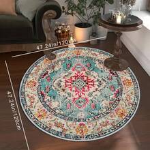 1pc Bohemian Style Vintage Round Rug, Velvet Material, Entryway Carpet, Oriental Floral Print Carpet, Machine Washable, Bedroom Floor Mat, Short Plush Indoor Mat, Foldable, Non-Shedding, Home Decor - Multicolor - View 13