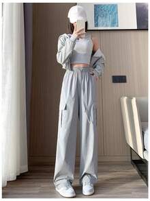 WOMEN'S SKATEBOARD, CASUAL, 6 POCKETS, DRAWSTRING CLOSURE, UNISEX FASHION - Light Grey - View 1