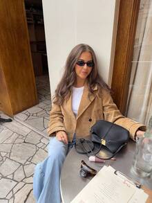 Damen Lässig Stehkragen Reißverschluss-Jacke mit Knopfdekor, Kunstfell Kurz Oberbekleidung - Khaki - Übersicht 3