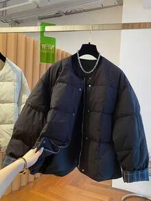 时尚黑色无领女士羽绒服，宽松休闲百搭圆领羽绒服，2025新款，冬季款 - 黑色 - 查看 5