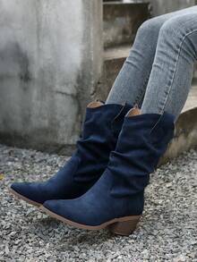 Fall/Winter Western Style Stacked Cowboy Boots For Women, Pointed Toe Long Shaft Vintage Riding Boots, Wrinkled Short Boots