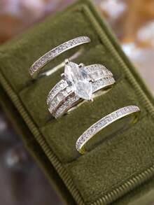 3pcs S925 & 925 Sterling Silver Luxury Full Diamond Marquise Ring Set, Elegant Women's Dating Party Ring, Sophisticated Jewelry Gift For Anniversary - Three Sets Of Rings With Full Horse Eye Diamonds - View 7