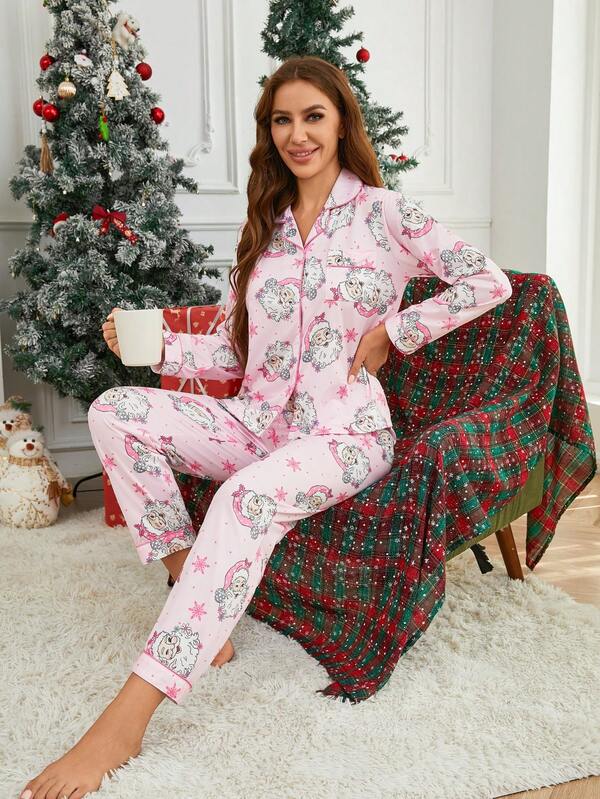 2 pièces/Set Pyjama femme avec imprimé Père Noël rose, style mignon et confortable pour le port en extérieur et en intérieur, convient pour toutes les saisons. Comprend un haut à manches longues avec col et boutons, et un pantalon ample à taille élastique, Noël
